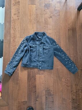 bebe Washed Black Pearl-Accent Denim Jacket